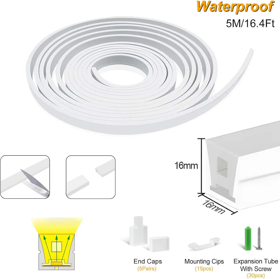 I-SE Series 16×16mm Side Emitting LED Neon Tube Housing | S1616 Soft Neon Tube Housing | IP67 Waterproof | 12mm PCB Width | 16.4FT/5M | Architectural Signage Lighting