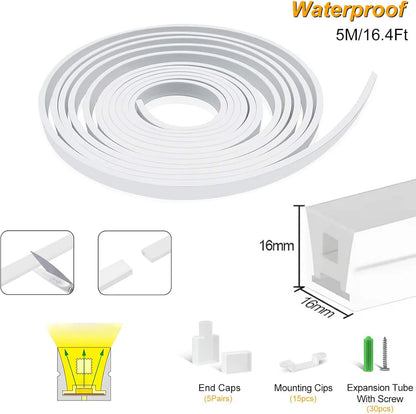 I-SE Series 16×16mm Side Emitting LED Neon Tube Housing | S1616 Soft Neon Tube Housing | IP67 Waterproof | 12mm PCB Width | 16.4FT/5M | Architectural Signage Lighting