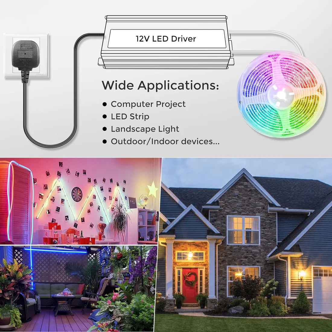 12V Outdoor Waterproof LED Power Supply 200W-500W, 175–265V Input, Single/Dual Wire Output, Aluminum Housing, Landscape & Outdoor Lighting, CE/RoHS/FCC Certified, Waterproof Transformer for Outdoor Lighting, UK/EU Plug