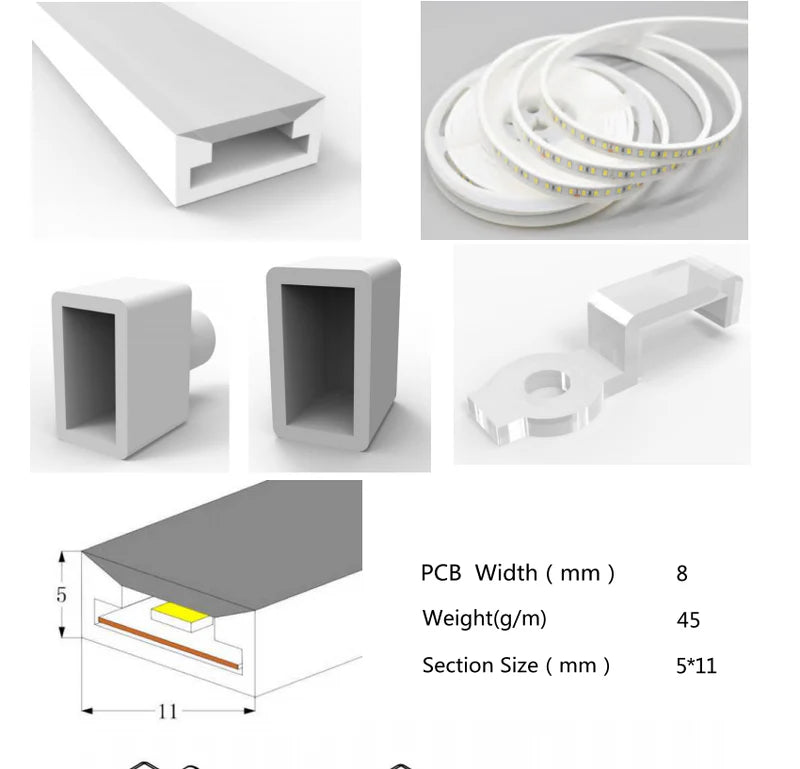 I-TE Series 5×11mm Top Emitting LED Neon Tube Housing | S0511 Waterproof Neon Housing | IP67 Waterproof | 8mm PCB Width | 16.4FT/5M | Jewelry Display Accent Lighting
