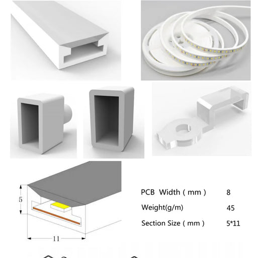 I-TE Series 5×11mm Top Emitting LED Neon Tube Housing | S0511 Waterproof Neon Housing | IP67 Waterproof | 8mm PCB Width | 16.4FT/5M | Jewelry Display Accent Lighting