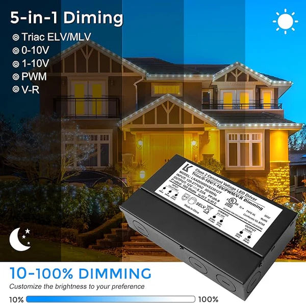 24V DC 60W 5-in-1 Dimmable LED Power Supply, AC 120-277V Input, LED Power Supply for LED Strip Lights / Home Lighting / DIY Lighting Projects