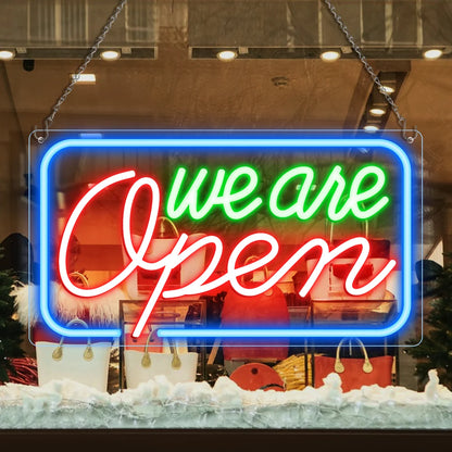 We Are Open Silicone LED Store Signs – 4 Glow Color Options | 16.5 × 9 /23.5 × 12.5 inch | Window Hanging | Plug & Play for  Store Entrances & Business Locations