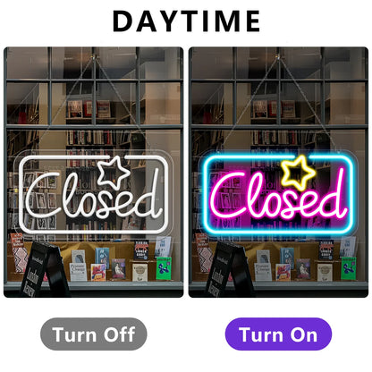 Closed Silicone LED Store Signs – Ice Blue & Pink Glow + Yellow Star | 16.5 × 9 inch | Window Hanging |  Plug & Play for  Store Entrances & Business Locations