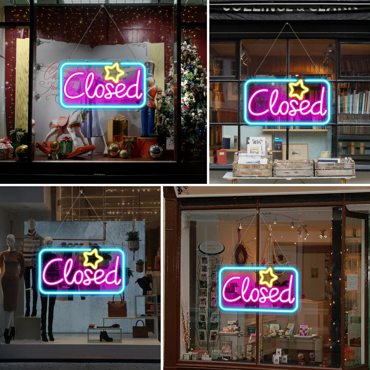 Closed Silicone LED Store Signs – Ice Blue & Pink Glow + Yellow Star | 16.5 × 9 inch | Window Hanging |  Plug & Play for  Store Entrances & Business Locations