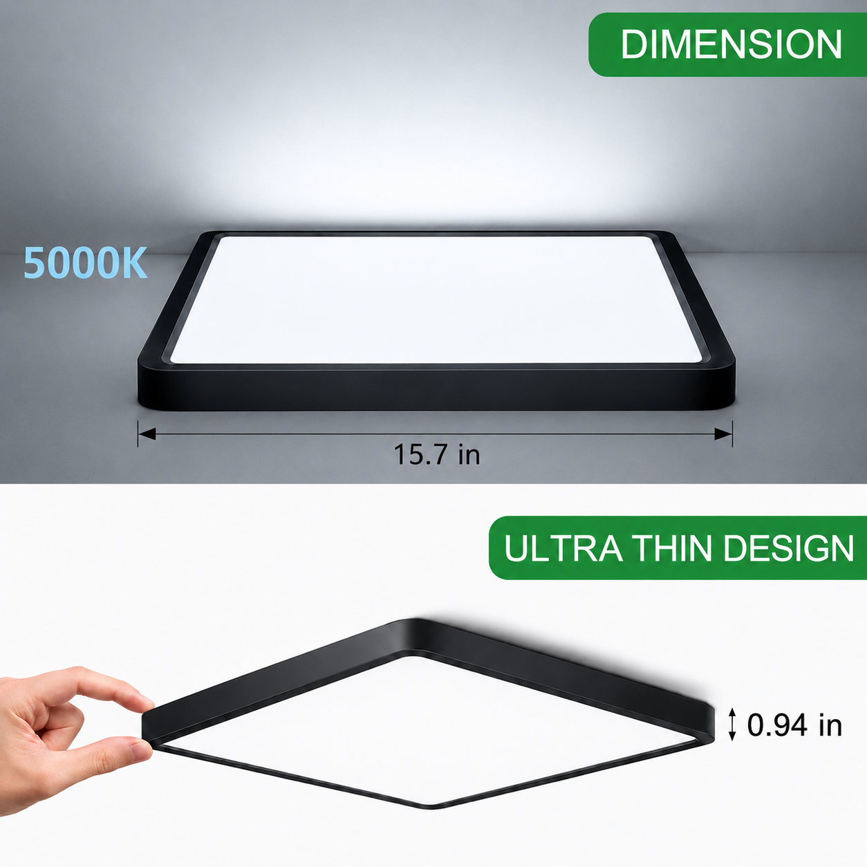 inShareplus 12 Zoll quadratische LED-Deckenleuchte, 3200 lm, 24 W, 5000 K Tageslicht, superhelle Deckenleuchten, weiße LED-Lampe zur Unterputzmontage, Einbauleuchten für Küche, Bad, Schlafzimmer, Flur, Büro, Garage 