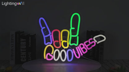 LightingWill "Good Vibes" Neon Sign – Dimmable LED Finger Light, USB Powered Wall Decor for Game Rooms, Bars, Weddings & More