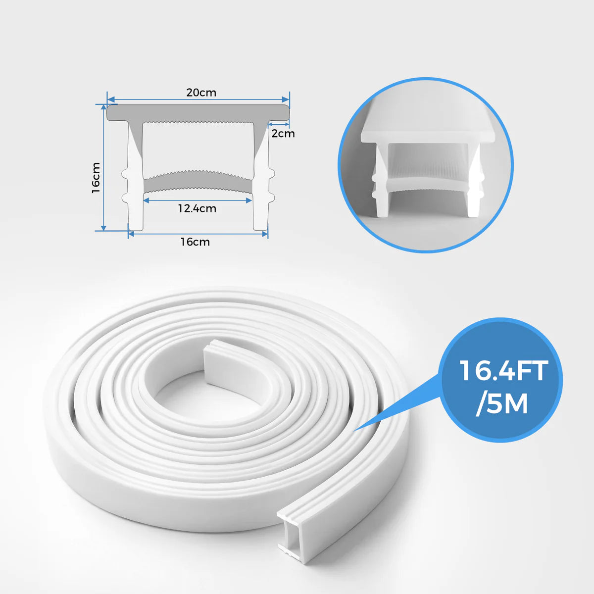 Q-TE Series 16×16mm Top Emitting LED Neon Tube Housing | S1616-T Black Quick Install Flexible Neon Tube Housing | Max Strip Width ≤12mm | 16.4FT/5M | LED Signage Cove Lighting