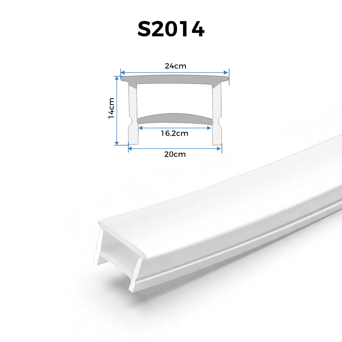 Q-TE Series 20×14mm Top Emitting LED Neon Tube Housing | S2014 Quick Install Soft Neon Tube Housing | Mounting Edge | Max Strip Width ≤16mm | 16.4FT/5M | Cabinet Display Lighting