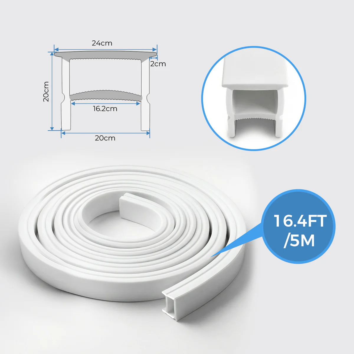 Q-TE Series 20×20mm Top Emitting LED Neon Tube Housing | S2020 Quick Install flexible neon tube housing | With-Edge Structure | Max Strip Width ≤16mm | 16.4FT/5M | Commercial Cove Lighting
