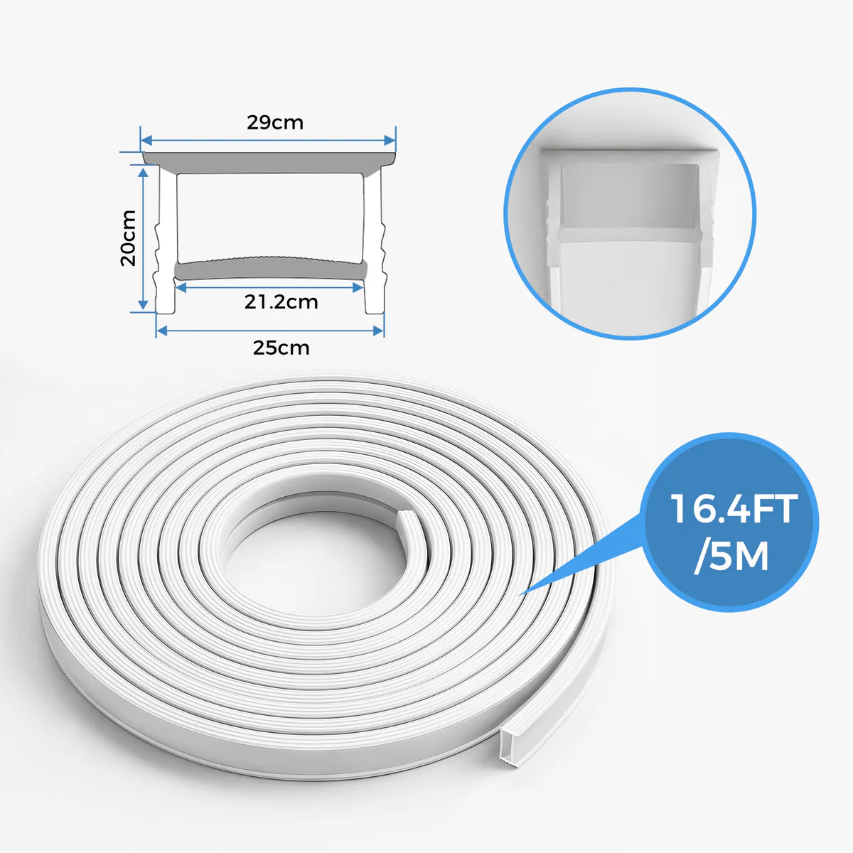 Q-TE Series 25×20mm Top Emitting LED Neon Tube Housing | S2520 Quick Install Flexible Neon Tube Housing | Max Strip Width ≤20mm | 16.4FT/5M | Cabinet Bar Lighting